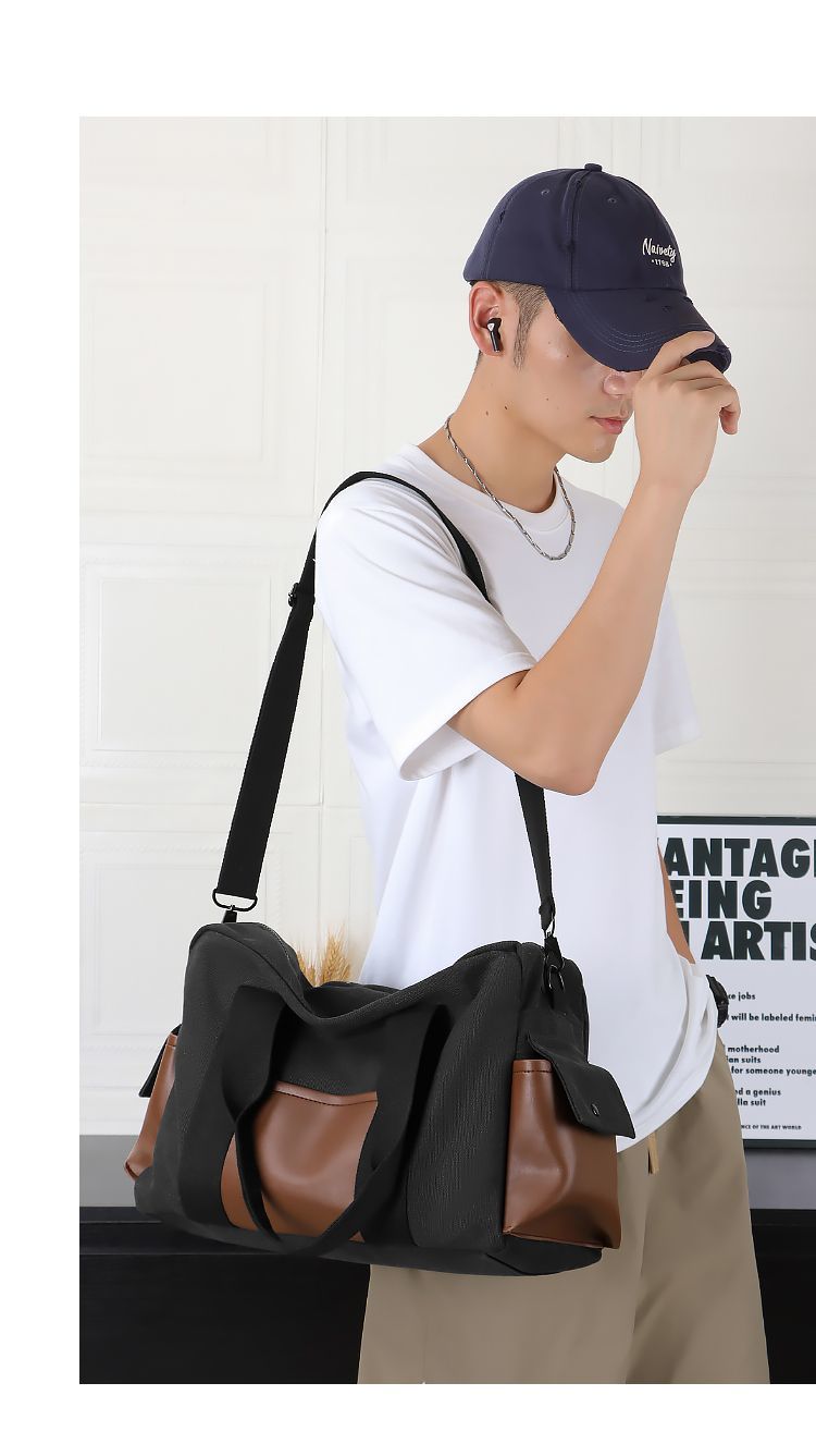Large Capacity Thickened Canvas Short Trip Men's Casual Handheld Carry-on Commuter Shoulder Sports Gym Bag_voghion.com