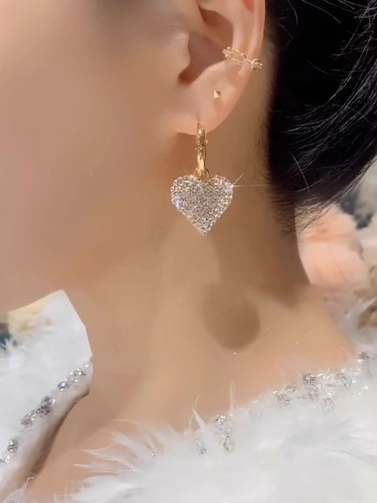 Full Diamond Heart Pendant Drop Earrings Elegant Korean Style_voghion.com