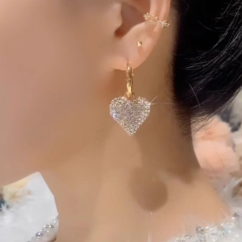 Full Diamond Heart Pendant Drop Earrings Elegant Korean Style_voghion.com