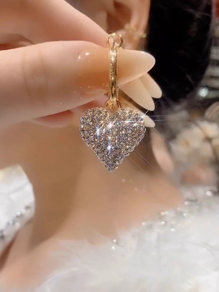 Full Diamond Heart Pendant Drop Earrings Elegant Korean Style_voghion.com