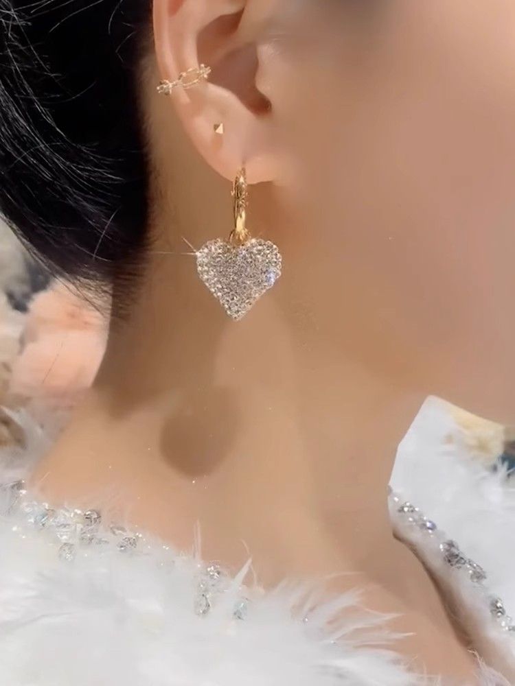 Full Diamond Heart Pendant Drop Earrings Elegant Korean Style_voghion.com
