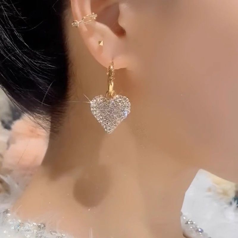 Full Diamond Heart Pendant Drop Earrings Elegant Korean Style_voghion.com