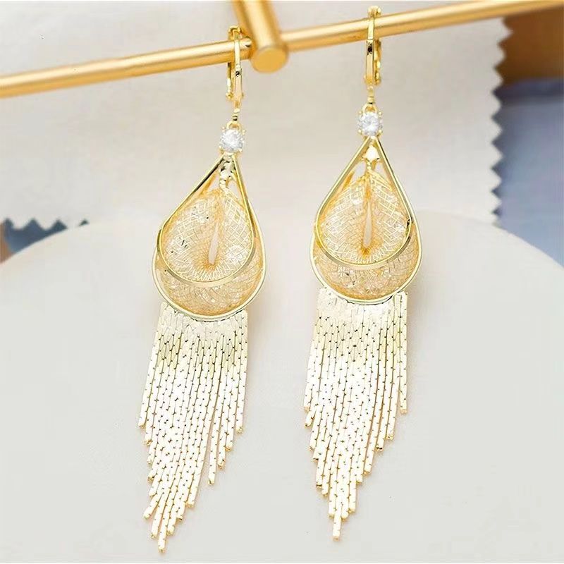 Elegant Long Tassel Drop Earrings With Mesh Water Drop Clasp Design_voghion.com
