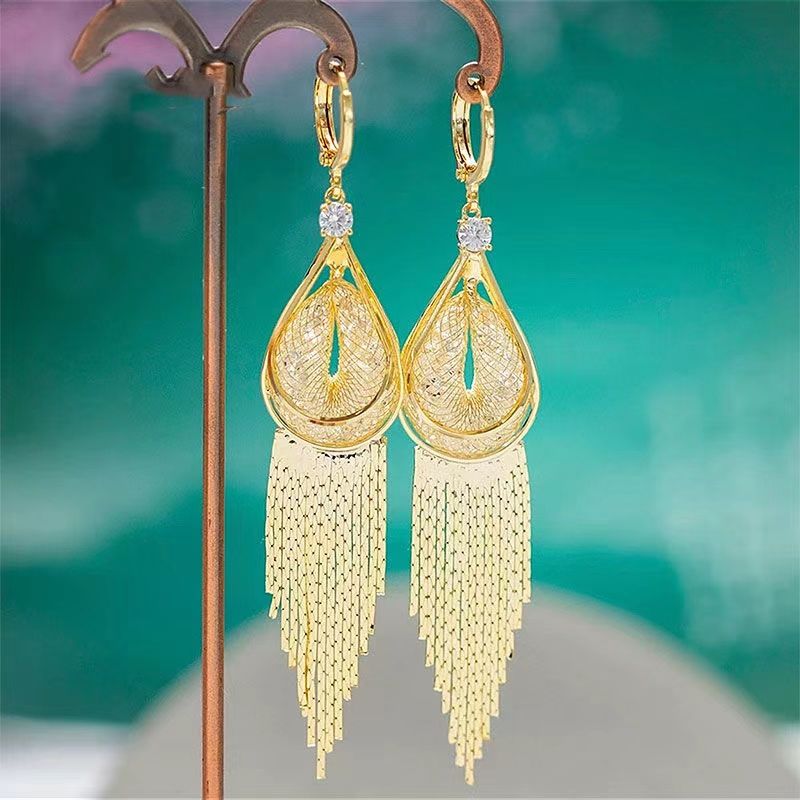Elegant Long Tassel Drop Earrings With Mesh Water Drop Clasp Design_voghion.com