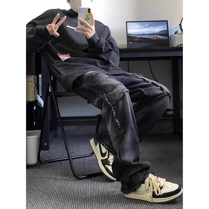 Amerikanische Trendmarke Cool Street Style Herren Retro Vintage Fransen Patchwork Arbeits-Denim Lange Hose_voghion.com