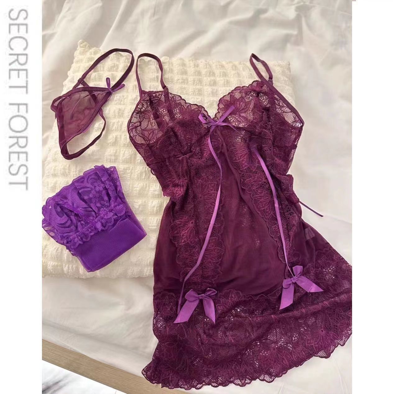 「紫色韵味」性感纯欲睡衣女镂空蕾丝绑带网纱吊带睡裙战衣爆款