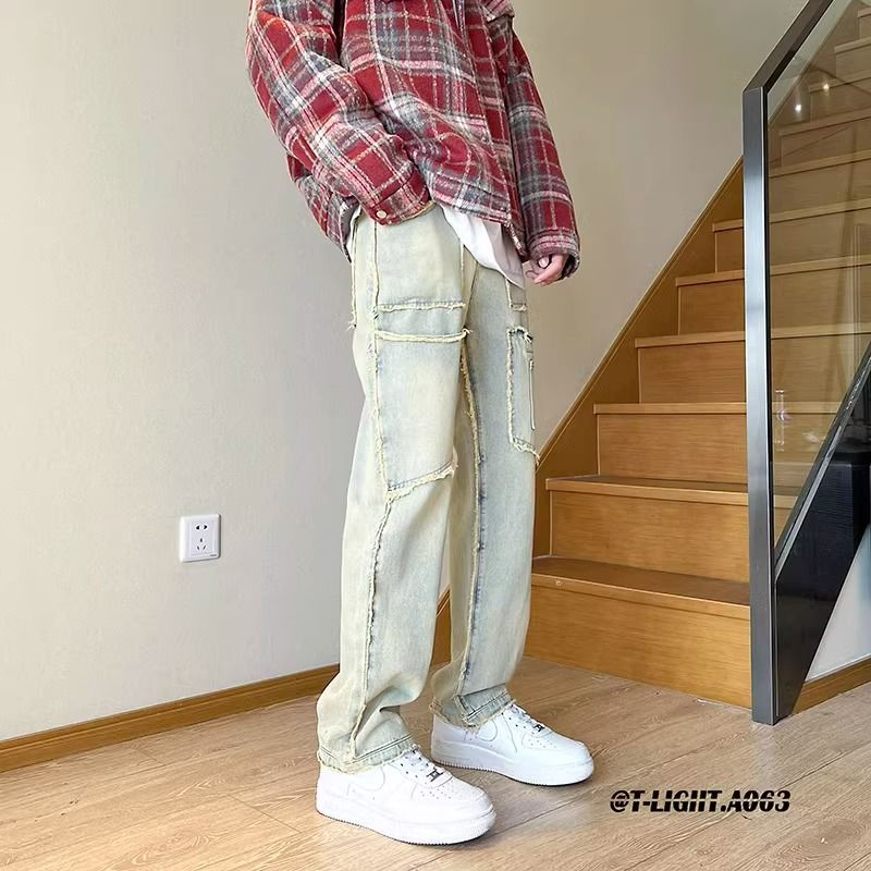 Amerikanische Trendmarke Cool Street Style Herren Retro Vintage Fransen Patchwork Arbeits-Denim Lange Hose_voghion.com