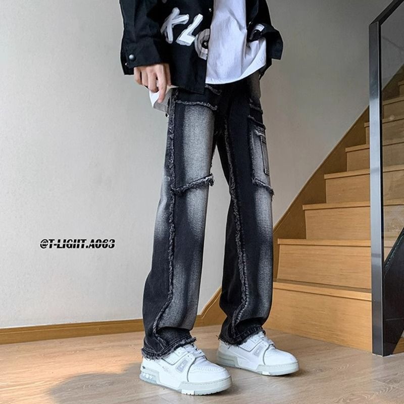 Amerikanische Trendmarke Cool Street Style Herren Retro Vintage Fransen Patchwork Arbeits-Denim Lange Hose_voghion.com