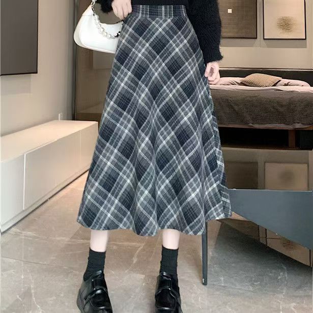 复古格子毛呢松紧半身裙百搭秋冬季新款秋冬裙子高腰中长款