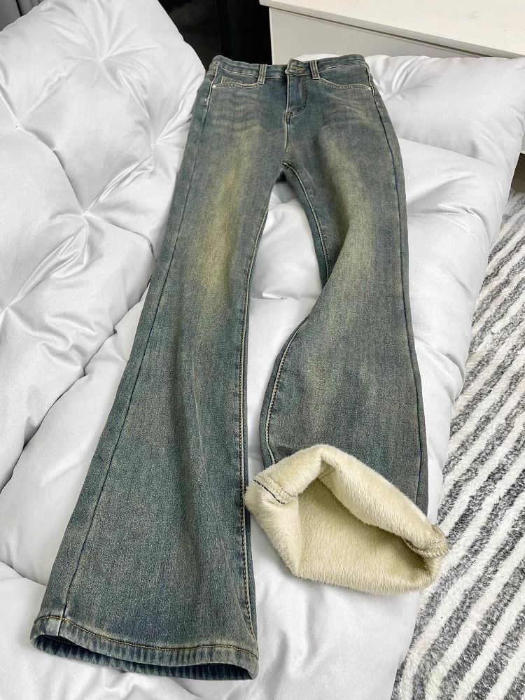 Pantalones vaqueros alargados de pierna recta de color azul engrosados con terciopelo para mujer en tallas grandes de invierno, cobertura de entrepierna de cintura alta, elásticos_voghion.com