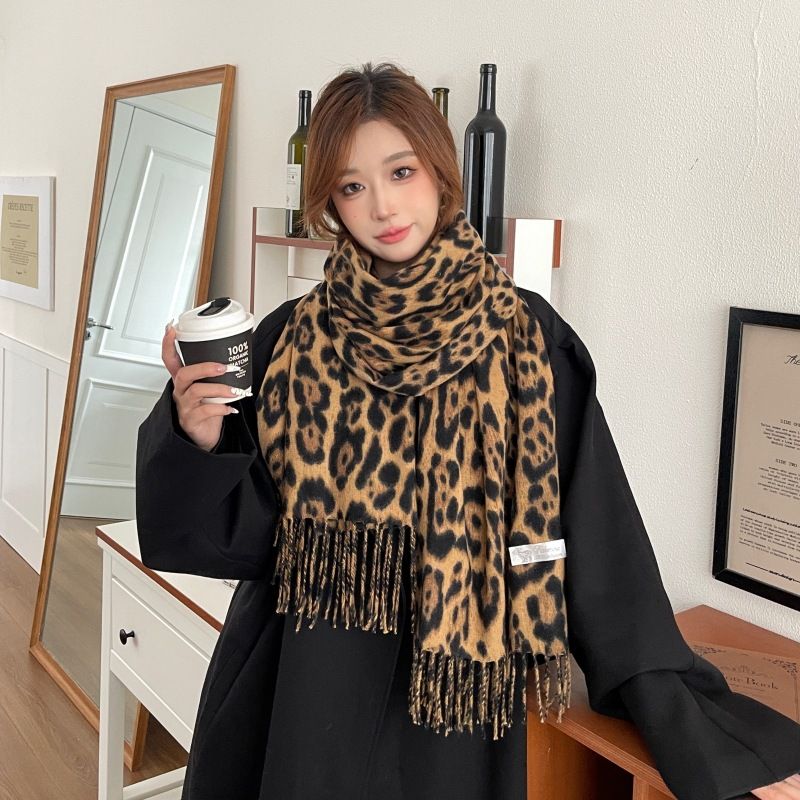 Šál 2024, ktorý vás zahreje v zime, na jeseň a v zime, nový retro všestranný leopardí šál so strapcami a zahusteným šálom Spice Girl_voghion.com