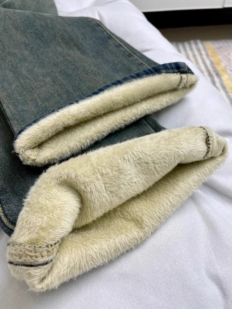 Pantalones vaqueros alargados de pierna recta de color azul engrosados con terciopelo para mujer en tallas grandes de invierno, cobertura de entrepierna de cintura alta, elásticos_voghion.com