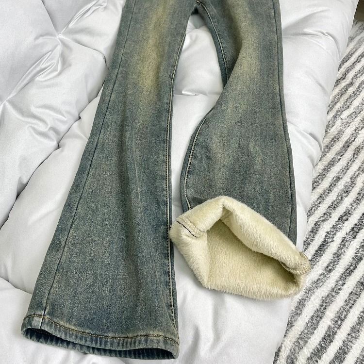 Pantalones vaqueros alargados de pierna recta de color azul engrosados con terciopelo para mujer en tallas grandes de invierno, cobertura de entrepierna de cintura alta, elásticos_voghion.com