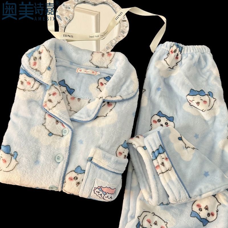 睡衣女秋冬款珊瑚绒chiikawa吉伊卡哇可爱卡通小八加厚加绒家居服