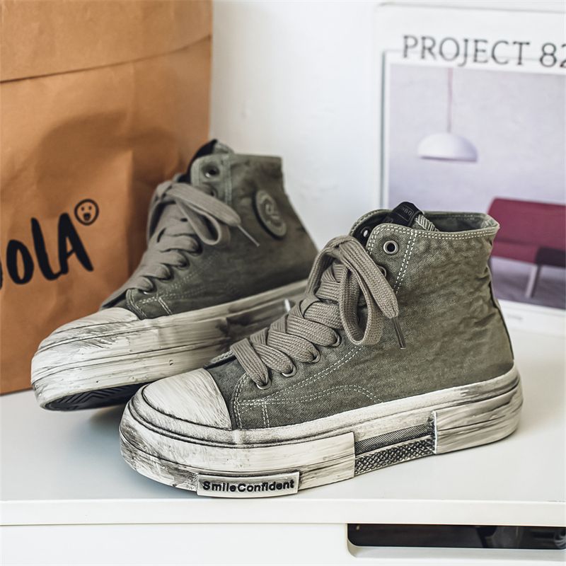 Men's Trendy 2024 New High-top Canvas Men's Sneakers Korean Version Versatile Retro Distressed Casual Shoes_voghion.com