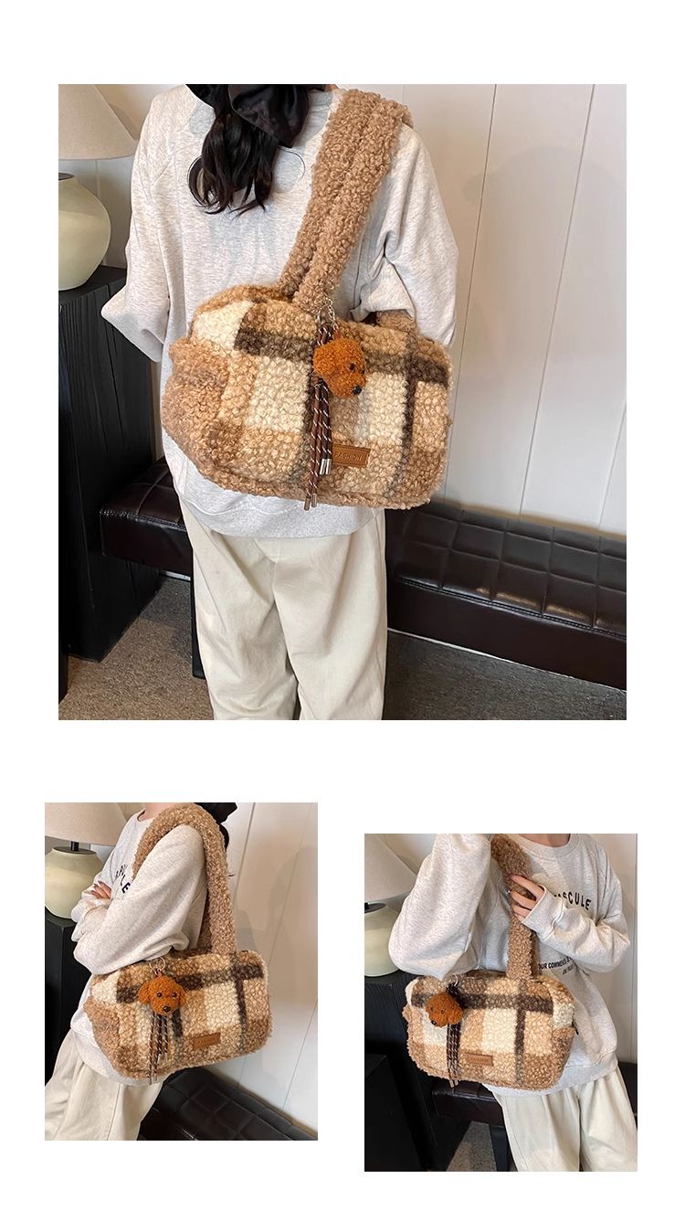 Fourre-tout tendance coréen FOUR ONE pour femmes, nouvelle collection automne et hiver, sac à bandoulière en peluche à couleurs contrastées_voghion.com