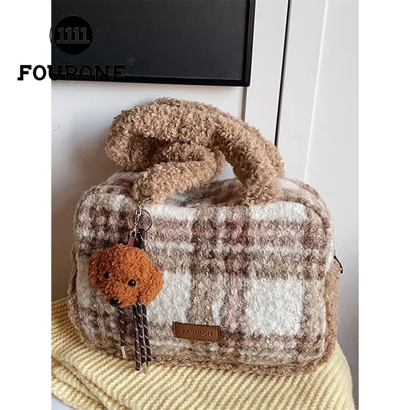 Fourre-tout tendance coréen FOUR ONE pour femmes, nouvelle collection automne et hiver, sac à bandoulière en peluche à couleurs contrastées_voghion.com