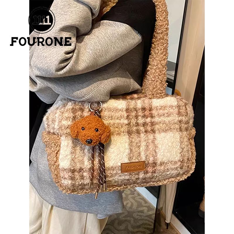 Fourre-tout tendance coréen FOUR ONE pour femmes, nouvelle collection automne et hiver, sac à bandoulière en peluche à couleurs contrastées_voghion.com