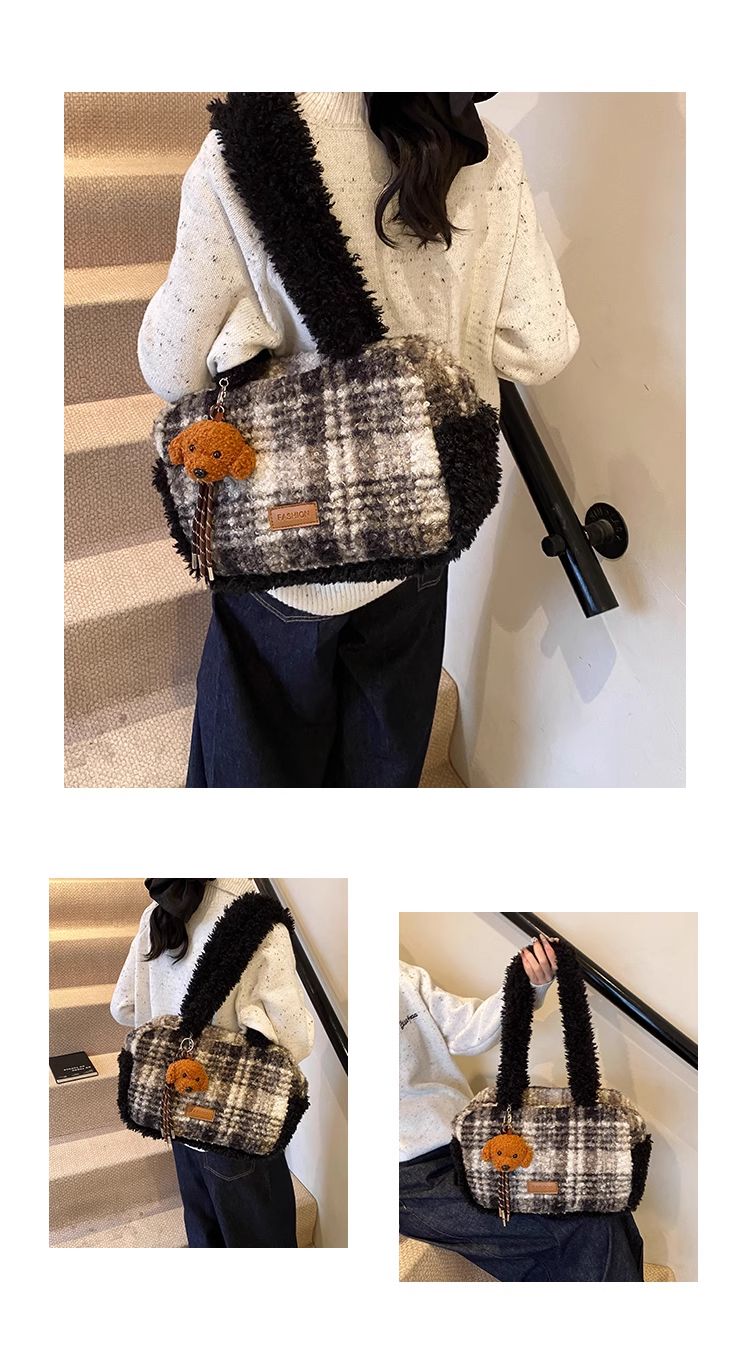 Fourre-tout tendance coréen FOUR ONE pour femmes, nouvelle collection automne et hiver, sac à bandoulière en peluche à couleurs contrastées_voghion.com