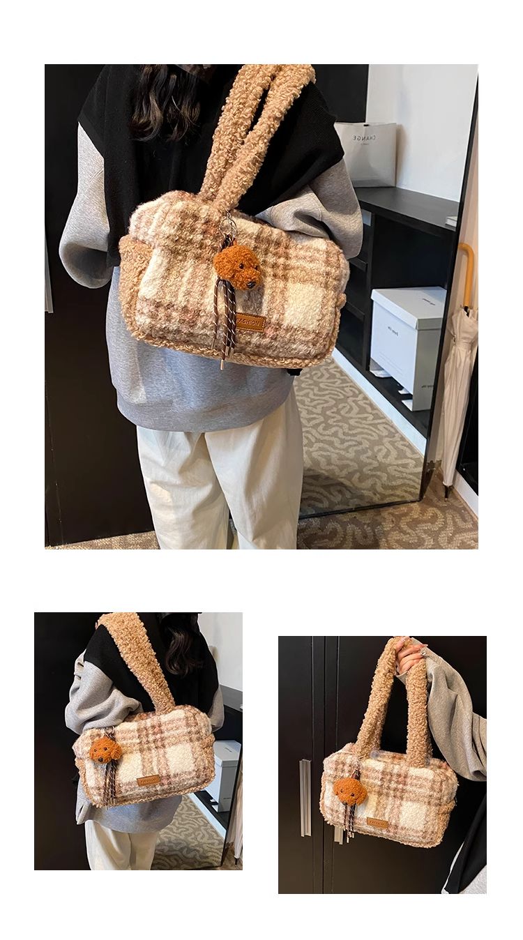 Fourre-tout tendance coréen FOUR ONE pour femmes, nouvelle collection automne et hiver, sac à bandoulière en peluche à couleurs contrastées_voghion.com