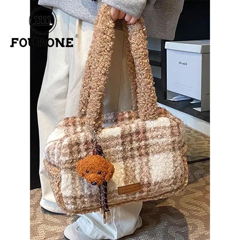 Fourre-tout tendance coréen FOUR ONE pour femmes, nouvelle collection automne et hiver, sac à bandoulière en peluche à couleurs contrastées_voghion.com
