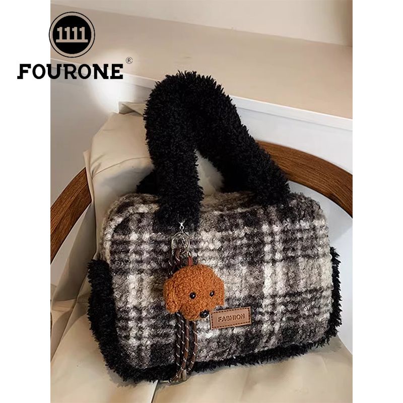 Fourre-tout tendance coréen FOUR ONE pour femmes, nouvelle collection automne et hiver, sac à bandoulière en peluche à couleurs contrastées_voghion.com