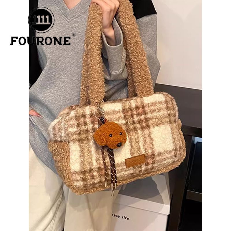 Fourre-tout tendance coréen FOUR ONE pour femmes, nouvelle collection automne et hiver, sac à bandoulière en peluche à couleurs contrastées_voghion.com
