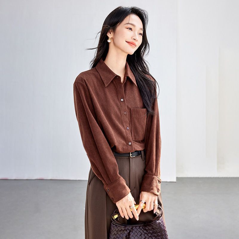 【新品】Puella美式复古时尚棕色衬衫女秋季灯芯绒叠穿设计感衬衣【7天内发货】
