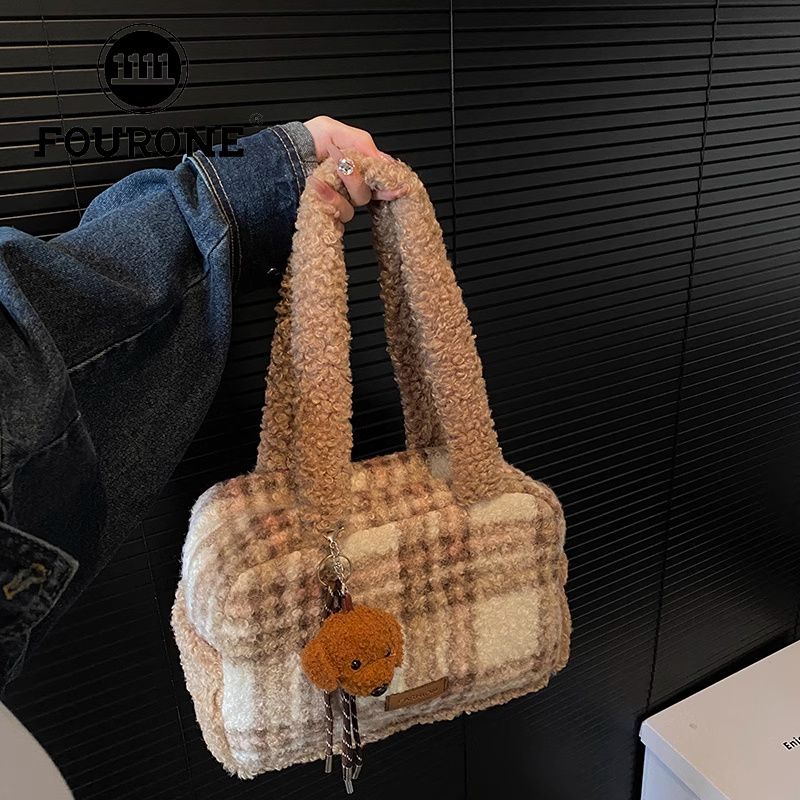 Fourre-tout tendance coréen FOUR ONE pour femmes, nouvelle collection automne et hiver, sac à bandoulière en peluche à couleurs contrastées_voghion.com