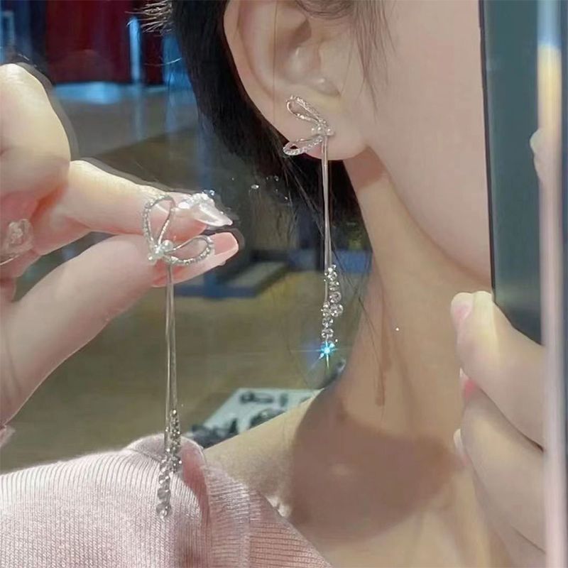 Pure Silver With French Bow And Tassels, Long Bridal Earrings, 2026 New Model, High-end Elegant Women's Earrings_voghion.com