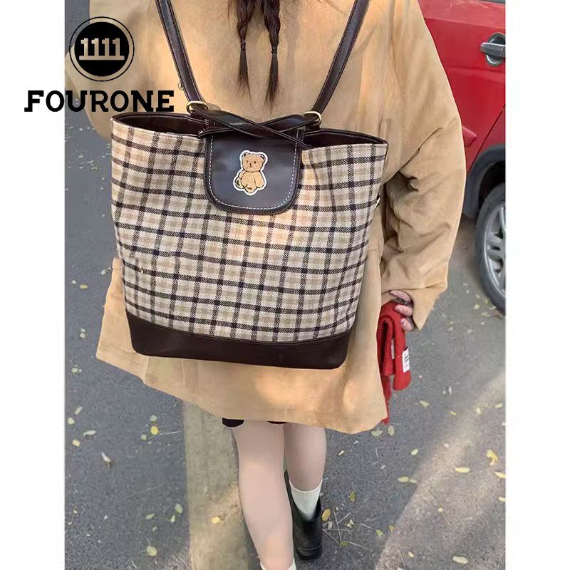FOUR ONE karierte Teddybärtasche mit mehreren Wassereimertaschen, modisch und vielseitig, Nischendesign, Einzelschulter_voghion.com