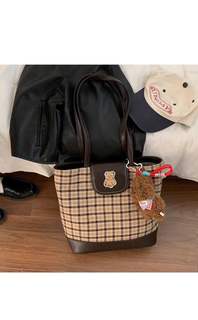 FOUR ONE karierte Teddybärtasche mit mehreren Wassereimertaschen, modisch und vielseitig, Nischendesign, Einzelschulter_voghion.com