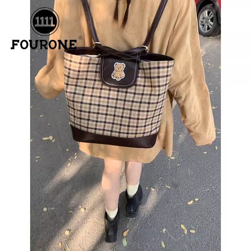 FOUR ONE karierte Teddybärtasche mit mehreren Wassereimertaschen, modisch und vielseitig, Nischendesign, Einzelschulter_voghion.com