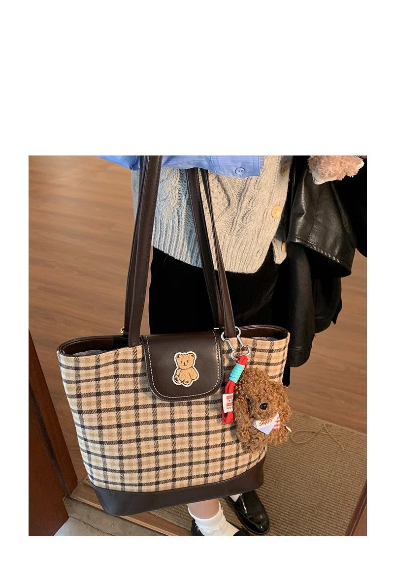 FOUR ONE karierte Teddybärtasche mit mehreren Wassereimertaschen, modisch und vielseitig, Nischendesign, Einzelschulter_voghion.com