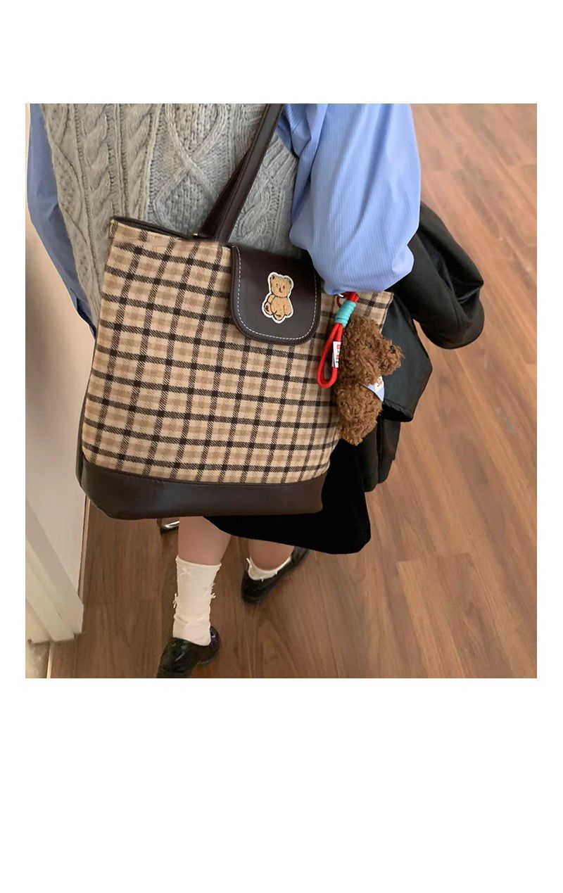 FOUR ONE karierte Teddybärtasche mit mehreren Wassereimertaschen, modisch und vielseitig, Nischendesign, Einzelschulter_voghion.com