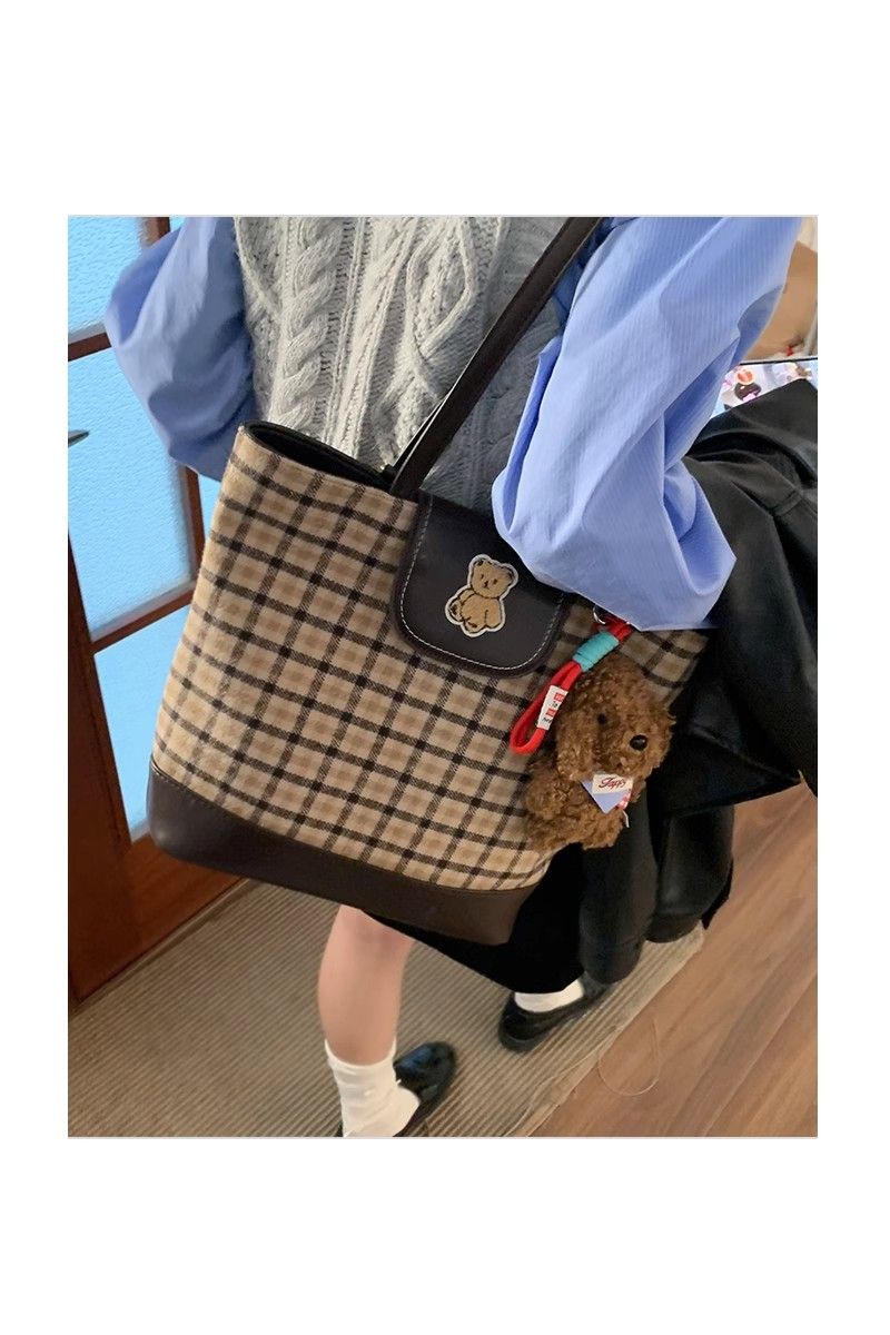 FOUR ONE karierte Teddybärtasche mit mehreren Wassereimertaschen, modisch und vielseitig, Nischendesign, Einzelschulter_voghion.com