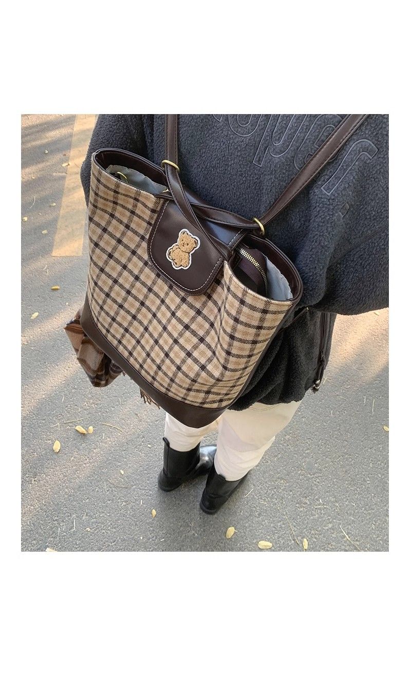 FOUR ONE karierte Teddybärtasche mit mehreren Wassereimertaschen, modisch und vielseitig, Nischendesign, Einzelschulter_voghion.com