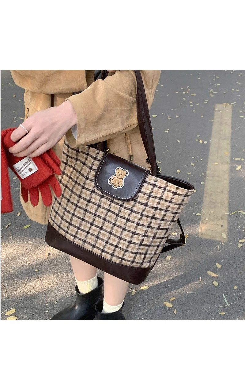 FOUR ONE karierte Teddybärtasche mit mehreren Wassereimertaschen, modisch und vielseitig, Nischendesign, Einzelschulter_voghion.com