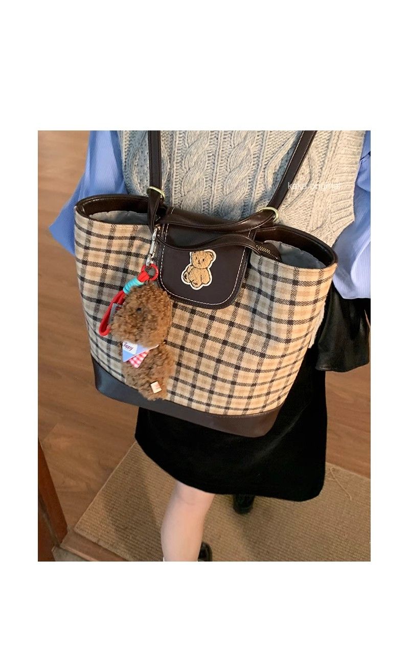 FOUR ONE karierte Teddybärtasche mit mehreren Wassereimertaschen, modisch und vielseitig, Nischendesign, Einzelschulter_voghion.com