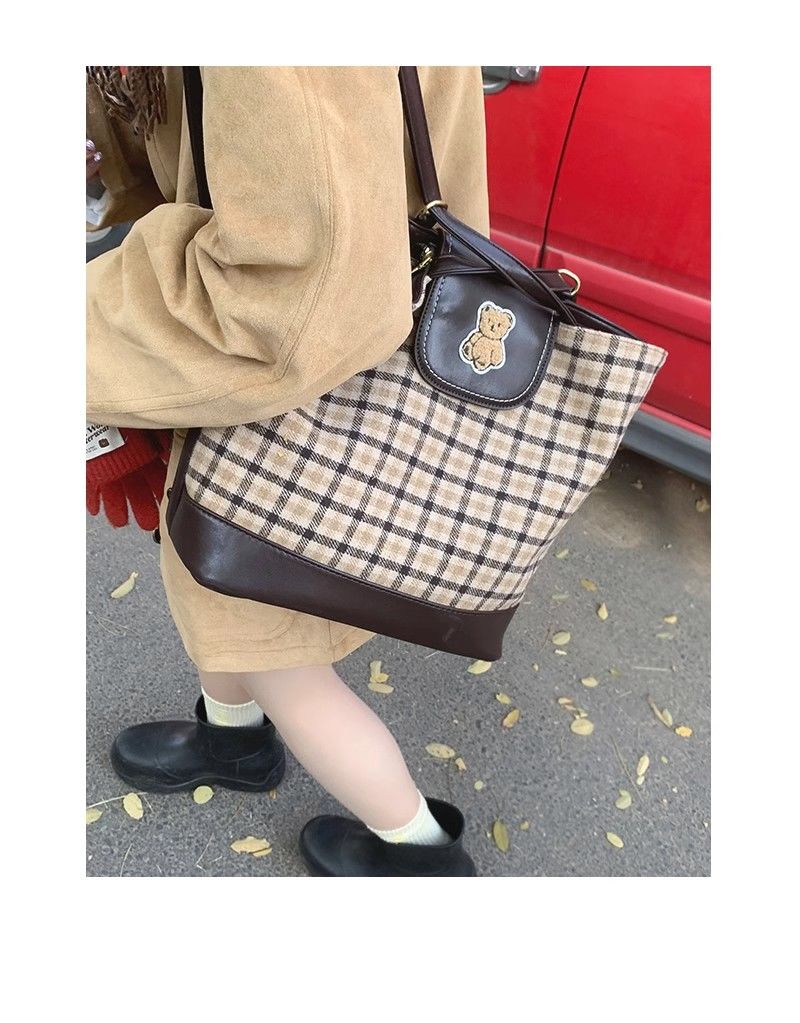 FOUR ONE karierte Teddybärtasche mit mehreren Wassereimertaschen, modisch und vielseitig, Nischendesign, Einzelschulter_voghion.com
