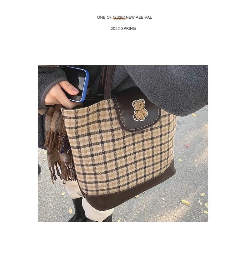 FOUR ONE karierte Teddybärtasche mit mehreren Wassereimertaschen, modisch und vielseitig, Nischendesign, Einzelschulter_voghion.com