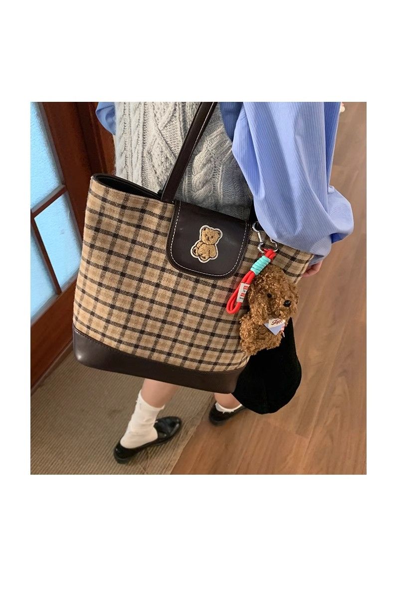 FOUR ONE karierte Teddybärtasche mit mehreren Wassereimertaschen, modisch und vielseitig, Nischendesign, Einzelschulter_voghion.com