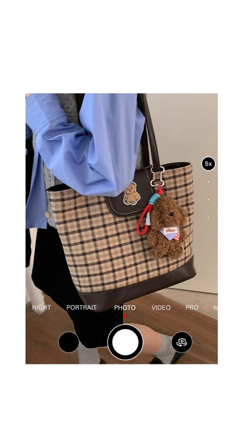 FOUR ONE karierte Teddybärtasche mit mehreren Wassereimertaschen, modisch und vielseitig, Nischendesign, Einzelschulter_voghion.com