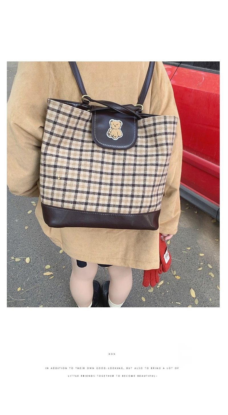 FOUR ONE karierte Teddybärtasche mit mehreren Wassereimertaschen, modisch und vielseitig, Nischendesign, Einzelschulter_voghion.com