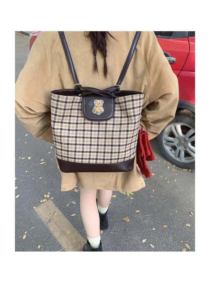 FOUR ONE karierte Teddybärtasche mit mehreren Wassereimertaschen, modisch und vielseitig, Nischendesign, Einzelschulter_voghion.com