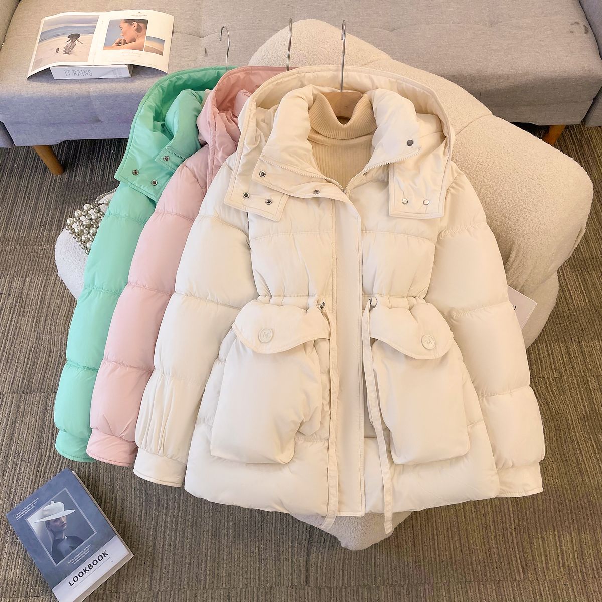 羽绒棉服女中长款2024秋冬韩版时尚收腰显瘦加厚棉服宽松保暖外套