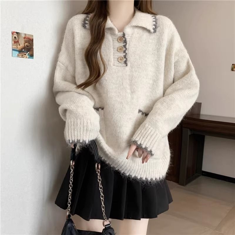 2025 Suéter de malha grosso com gola polo solta e preguiçosa para mulheres, outono e inverno, novo, slim fit, camada interna, camisa de base_voghion.com