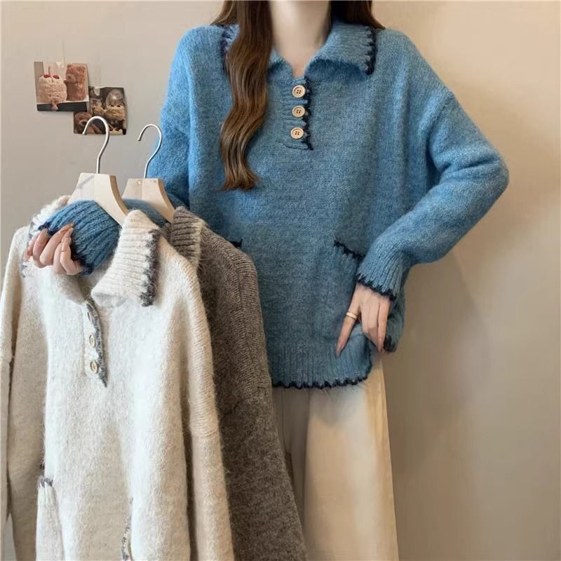 2025 Suéter de malha grosso com gola polo solta e preguiçosa para mulheres, outono e inverno, novo, slim fit, camada interna, camisa de base_voghion.com