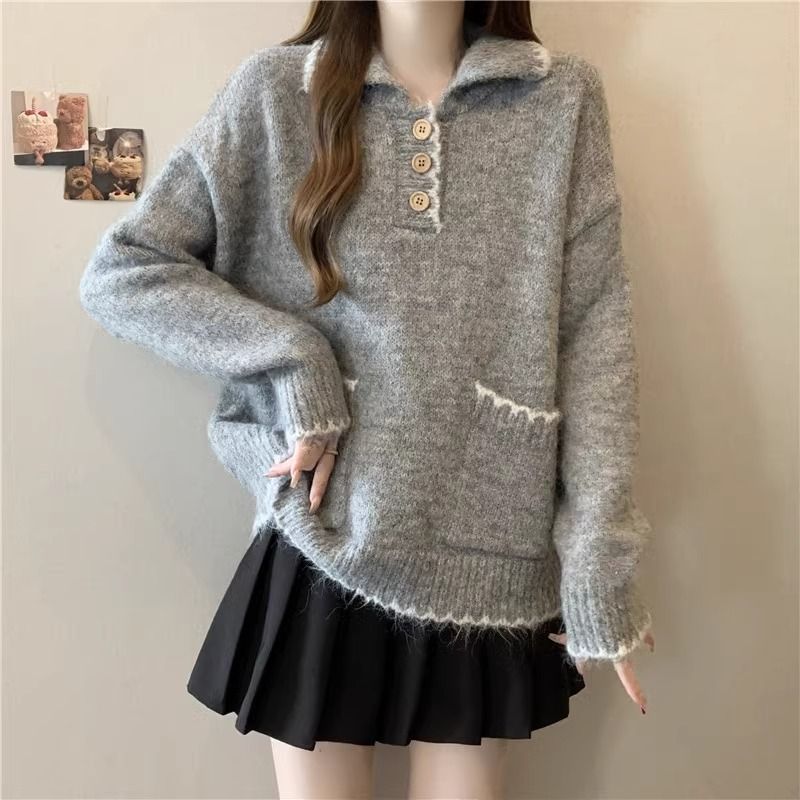 2025 Suéter de malha grosso com gola polo solta e preguiçosa para mulheres, outono e inverno, novo, slim fit, camada interna, camisa de base_voghion.com