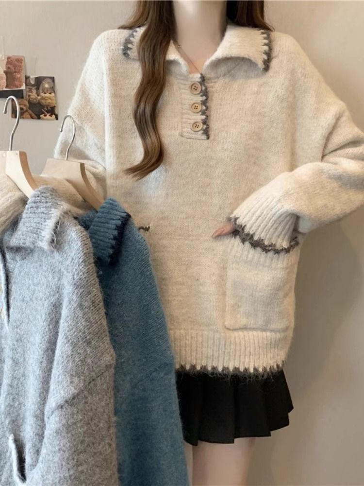 2025 Suéter de malha grosso com gola polo solta e preguiçosa para mulheres, outono e inverno, novo, slim fit, camada interna, camisa de base_voghion.com